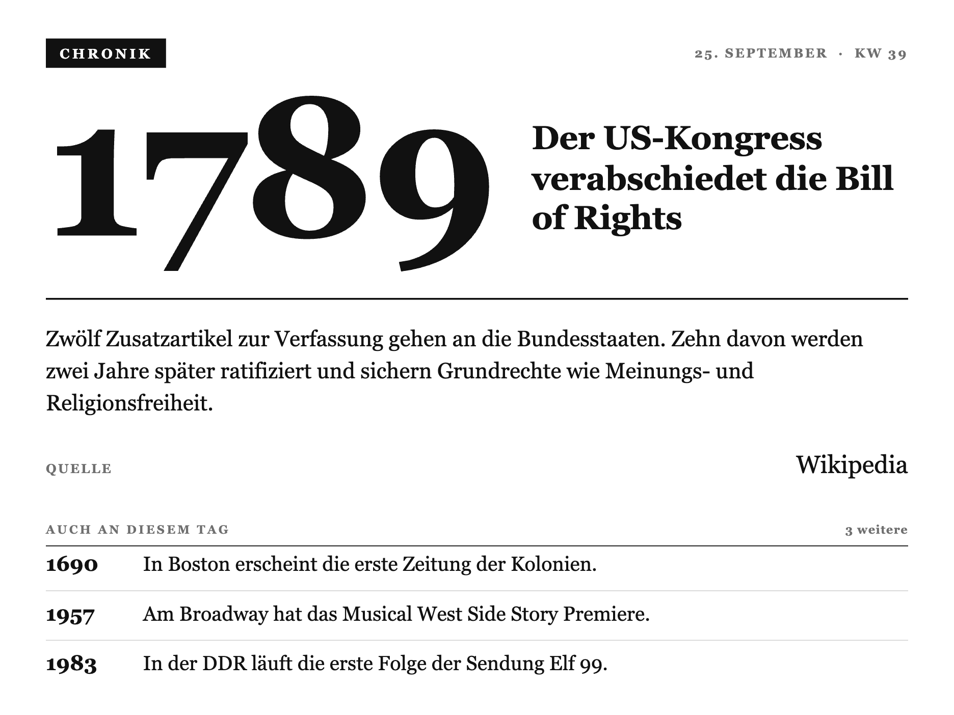 On This Day-Screen auf dem TRMNL X: eine große Jahreszahl als Hero, daneben die Schlagzeile, darunter Aktennotiz mit Quelle und weitere Jahre